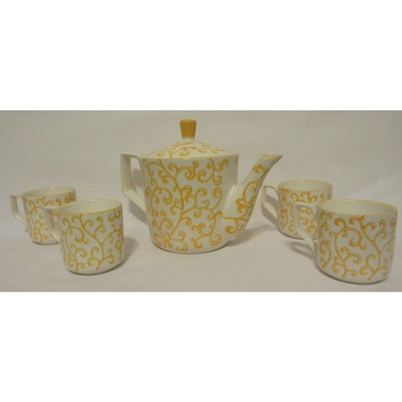 Pier 1 Imports Porcelain Teapot Set 4 Cups Hand Painted Yellow Scroll Modern - Picture 3 of 12